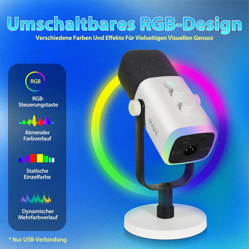 FIFINE MI13 USB XLR Dinamikus Mikrofon Streaming és Podcast Készítéshez - RGB Világítással, Némító Gombbal, PC/PS4/PS5/Mac Kompatibilis