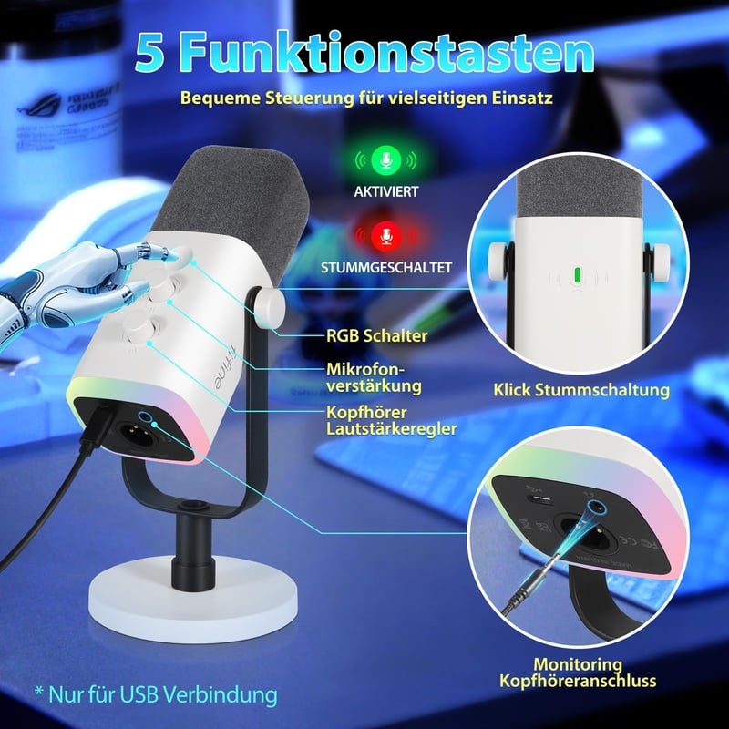 FIFINE MI13 USB XLR Dinamikus Mikrofon Streaming és Podcast Készítéshez - RGB Világítással, Némító Gombbal, PC/PS4/PS5/Mac Kompatibilis