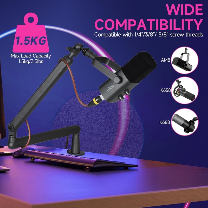 FIFINE MI17 Mikrofon Állvány - Fém Mikrofonkar Podcast, Streaming és Gaming Stúdiókhoz, 360° Forgatható, 1,5kg Teherbírás, Kábelrendezővel