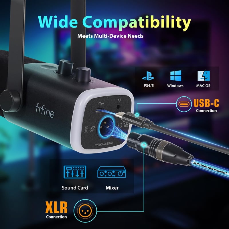 FIFINE XLR Streaming Mikrofon Kar Podcast Studio Mixer Gaming PS4/5 Mac USB