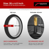 Fincci Fatbike Belső Gumi 26 x 4.0 - MTB Kerékpár Tömlő Schrader Autószeleppel, 48 mm, Hegyi Biciklihez, E-Bike-hoz 2