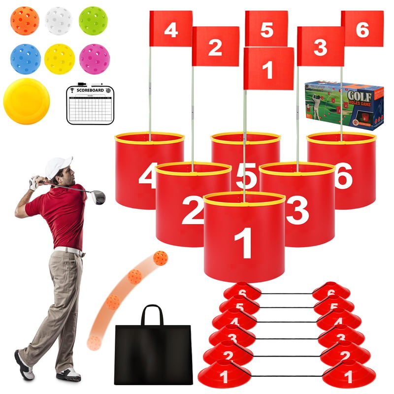 FINCOME Golfová súprava na precvičovanie čipovania so 6 jamkami a vlajkami, pre deti aj dospelých, do interiéru aj exteriéru, na záhradu, na pláž