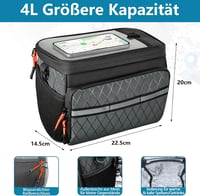Finew Vízálló kormánytáska 4,5 l elől kerékpárhoz és e-bikehoz, kormánynál rögzítő adapterrel, fekete okostelefon érintőképernyős zsebbel 5