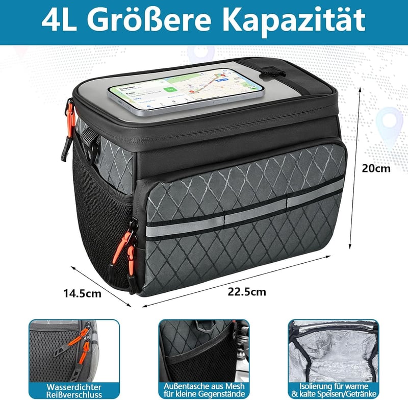 Finew Vízálló kormánytáska 4,5 l elől kerékpárhoz és e-bikehoz, kormánynál rögzítő adapterrel, fekete okostelefon érintőképernyős zsebbel