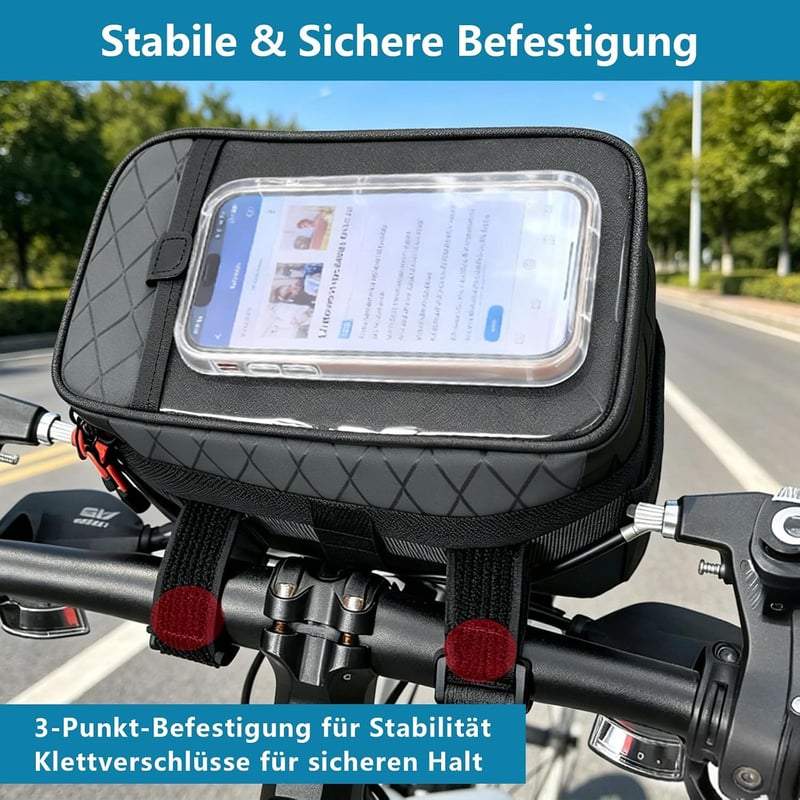 Finew Vízálló kormánytáska 4,5 l elől kerékpárhoz és e-bikehoz, kormánynál rögzítő adapterrel, fekete okostelefon érintőképernyős zsebbel