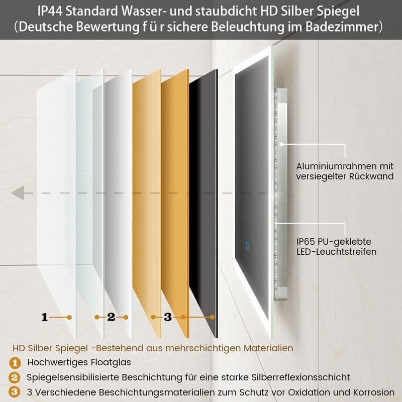 Finmrys 80x60 cm LED fürdőszobai tükör érintésvezérléssel, páramentesítéssel