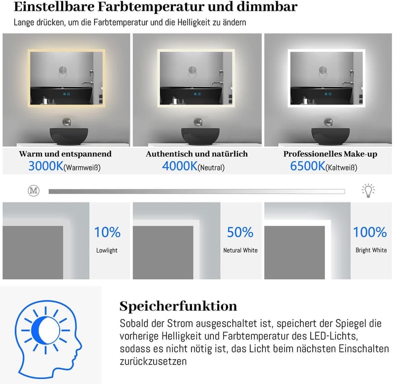Finmrys 80x60 cm LED fürdőszobai tükör érintésvezérléssel, páramentesítéssel