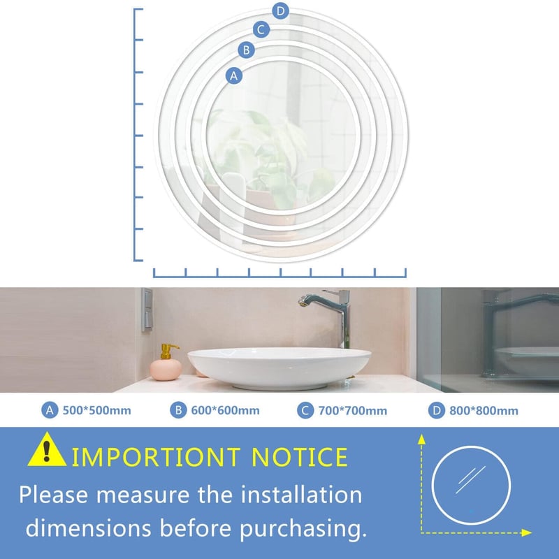 Finmrys Kerek Fürdőszobai Tükör 60 cm - LED Világítással, Érintőkapcsolóval, Páramentesítő Funkcióval, 3 Színhőmérséklettel, Fényerőszabályzóval