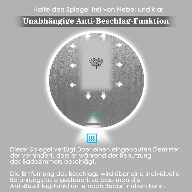 Finmrys Kerek Fürdőszobai Tükör 60 cm - LED Világítással, Érintőkapcsolóval, Páramentesítő Funkcióval, 3 Színhőmérséklettel, Fényerőszabályzóval