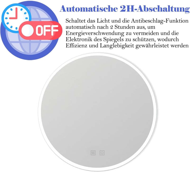 Finmrys Kerek Fürdőszobai Tükör 60 cm - LED Világítással, Érintőkapcsolóval, Páramentesítő Funkcióval, 3 Színhőmérséklettel, Fényerőszabályzóval