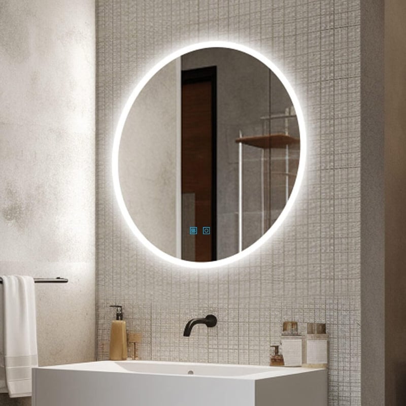 Finmrys Kerek Fürdőszobai Tükör 60 cm - LED Világítással, Érintőkapcsolóval, Páramentesítő Funkcióval, 3 Színhőmérséklettel, Fényerőszabályzóval