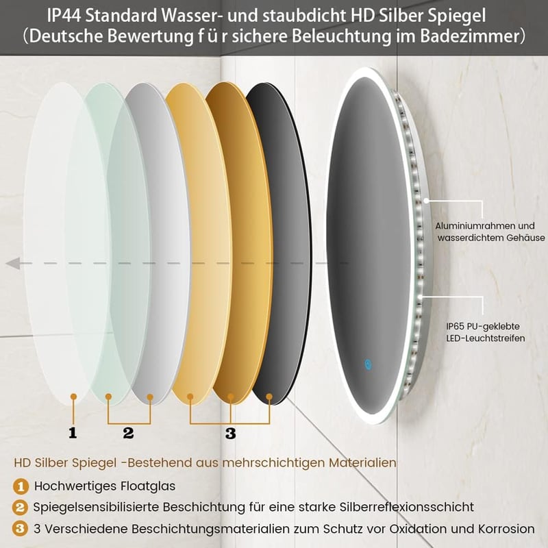 Finmrys Kerek Fürdőszobai Tükör 60 cm - LED Világítással, Érintőkapcsolóval, Páramentesítő Funkcióval, 3 Színhőmérséklettel, Fényerőszabályzóval