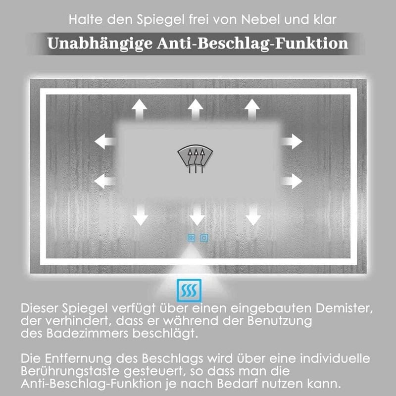 Finmrys LED Fürdőszobai Tükör 70x50 cm - Szabályozható Hideg/Meleg Fény, Memória Funkcióval, Páramentesítő, Érintőkapcsoló, Vízszintes/Függő