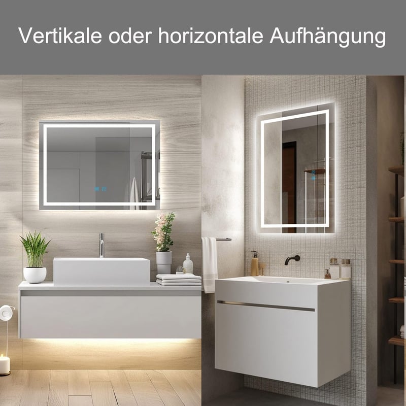 Finmrys LED Fürdőszobai Tükör 70x50 cm - Szabályozható Hideg/Meleg Fény, Memória Funkcióval, Páramentesítő, Érintőkapcsoló, Vízszintes/Függő