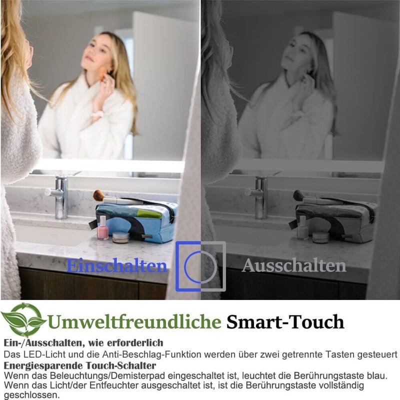Finmrys Kerek Fürdőszobai Tükör 60 cm - LED Világítással, Érintőkapcsolóval, Páramentesítő Funkcióval, 3 Színhőmérséklettel, Fényerőszabályzóval