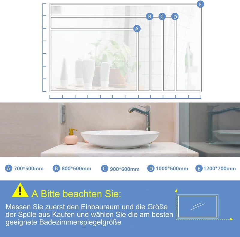 Finmrys LED Fürdőszobai Tükör 70x50 cm - Szabályozható Hideg/Meleg Fény, Memória Funkcióval, Páramentesítő, Érintőkapcsoló, Vízszintes/Függő
