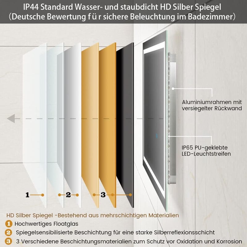 Finmrys LED Fürdőszobai Tükör 70x50 cm - Szabályozható Hideg/Meleg Fény, Memória Funkcióval, Páramentesítő, Érintőkapcsoló, Vízszintes/Függő