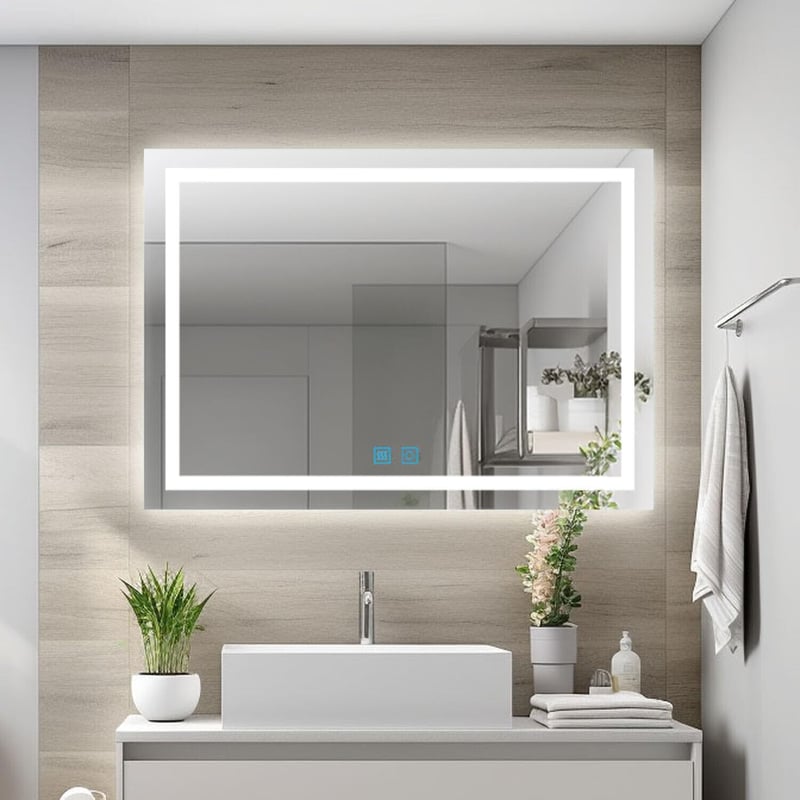 Finmrys LED Fürdőszobai Tükör 70x50 cm - Szabályozható Hideg/Meleg Fény, Memória Funkcióval, Páramentesítő, Érintőkapcsoló, Vízszintes/Függő