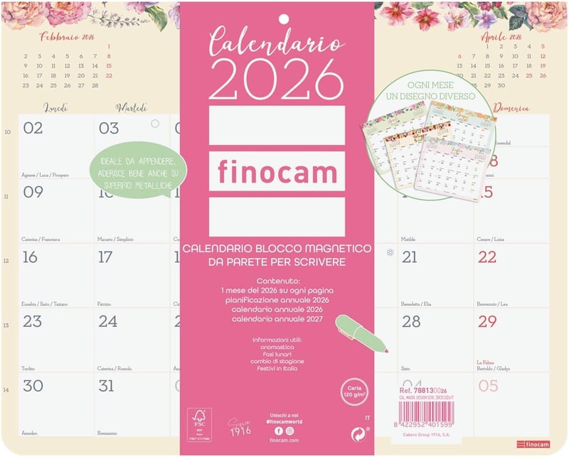 Finocam mágneses havi naptár 2026, jegyzetelhető tervezőblokk - 250x200 mm