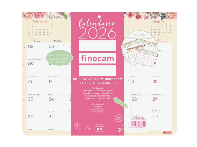 Finocam magnetski mjesečni kalendar 2026, blok za bilješke - 250x200 mm