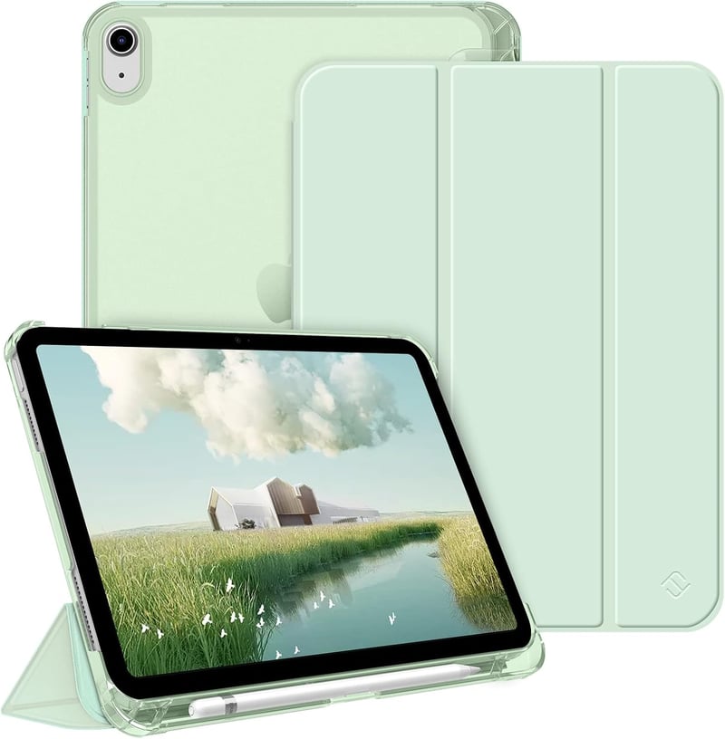 FINTIE iPad 10. generáció 2022 tok 25 cm zöld tolltartós ultravékony könnyű védőtok átlátszó hátfallal automata alvás ébresztés