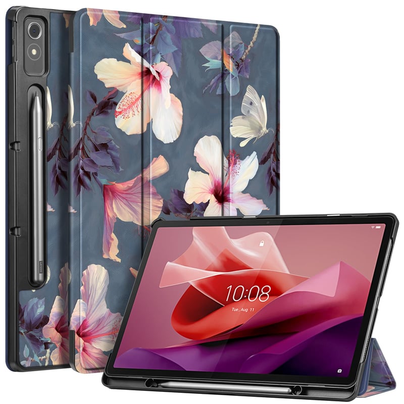 Fintie puzdro pre Lenovo Tab P12 12.7" (TB370FU) 2023 s držiakom na pero, kvet ibišteka, ultratenký flipový ochranný kryt, automatické uspanie/prebudenie, funkcia stojana