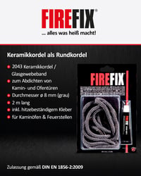 FIREFIX 2043 Brtvena vrpca za kamin, promjer 8 mm, siva, 2 m, brtva za peći i kamine, s ljepilom otpornim na temperaturu do 1100°C, 17 ml 2