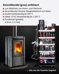 FIREFIX 2043 Brtvena vrpca za kamin, promjer 8 mm, siva, 2 m, brtva za peći i kamine, s ljepilom otpornim na temperaturu do 1100°C, 17 ml 3