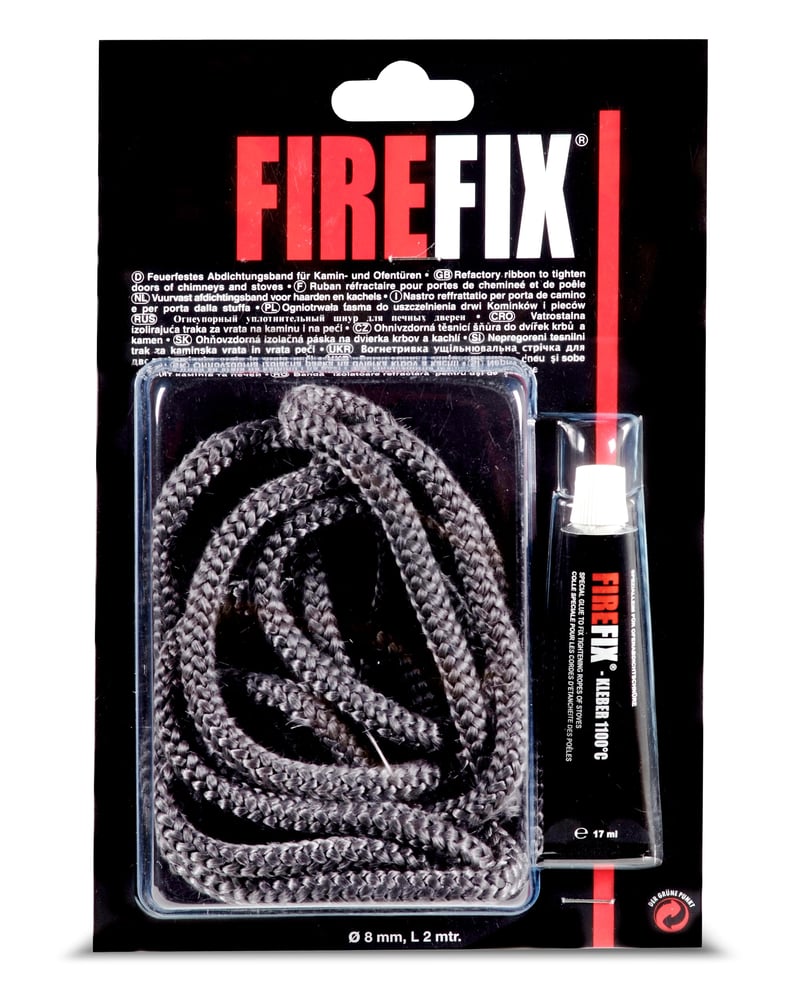 FIREFIX 2043 Brtvena vrpca za kamin, promjer 8 mm, siva, 2 m, brtva za peći i kamine, s ljepilom otpornim na temperaturu do 1100°C, 17 ml
