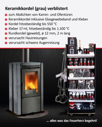 FIREFIX 2046 keramické tesniace tesnenie, priemer 12 mm, šedé, 2 m, pre kachle, s tepelne odolným lepidlom do 1100 °C 3