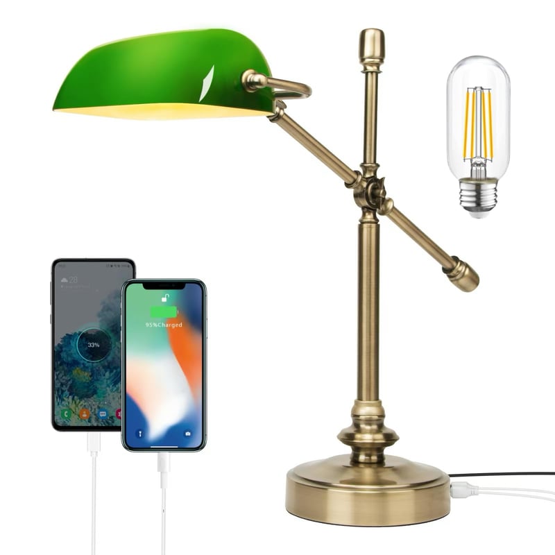 FIRVRE Bankárska stolná lampa, zelená, stmievateľná, vintage LED stolná lampa s funkciou nabíjania, dotykové ovládanie, E27, pracovňa, domáca kancelária, obývačka, spálňa