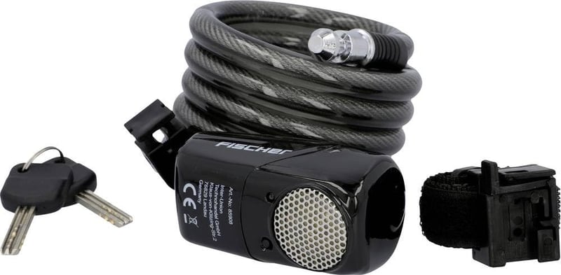 Lacăt spiralat cu alarmă Fischer – 120 cm, semnal sonor 110 dB, negru, 2 chei, antifurt spiralat pentru bicicletă