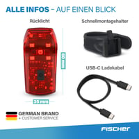 Zadné svetlo na bicykel Fischer Basic Stop – LED svetlo na bicykel s funkciou brzdového svetla, akumulátorom, nabíjaním cez USB-C, výdržou 11 hodín, schválené podľa StVZO 9