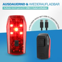 Zadné svetlo na bicykel Fischer Basic Stop – LED svetlo na bicykel s funkciou brzdového svetla, akumulátorom, nabíjaním cez USB-C, výdržou 11 hodín, schválené podľa StVZO 6