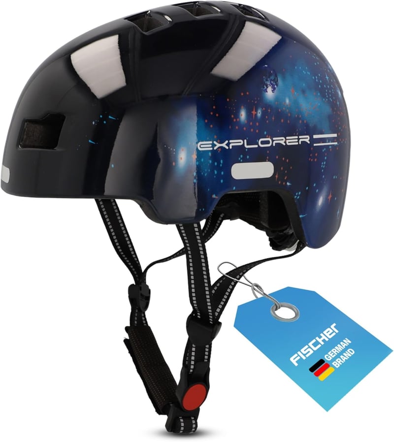 Detská cyklistická prilba Fischer BMX Dirt Bike Plus Universe s integrovaným LED svetlom, čierna – S/M (54 – 58 cm)
