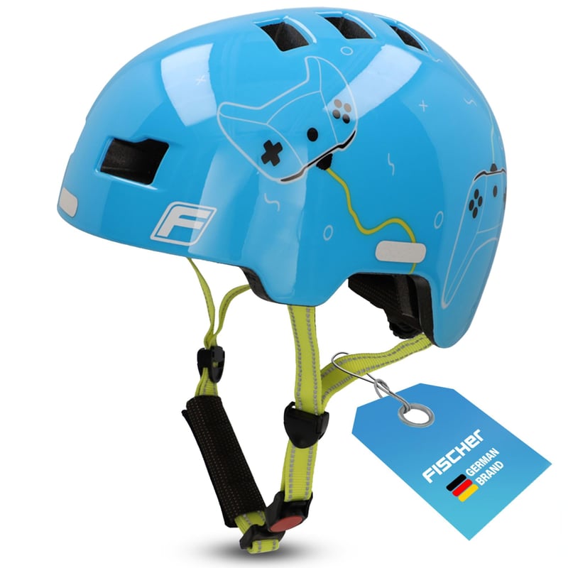 Cyklistická prilba Fischer BMX Plus so zadným LED svetlom - Game/Svetlomodrá - Veľkosť S/M (54-58 cm) - Detská prilba na dirt bicykel