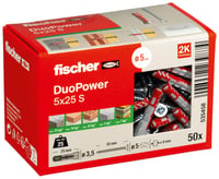 Univerzálna hmoždinka fischer DuoPower 5 x 25 S s bezpečnostnou skrutkou, 2-zložková plastová hmoždinka do betónu, tehly a sadrokartónu, 50 ks 1