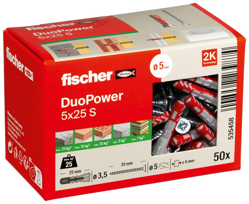 Univerzálna hmoždinka fischer DuoPower 5 x 25 S s bezpečnostnou skrutkou, 2-zložková plastová hmoždinka do betónu, tehly a sadrokartónu, 50 ks