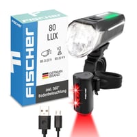 Sada LED svetiel na bicykel Fischer Twin – 80/40/20 luxov, 360° zadné svetlo, nabíjateľné, nabíjanie cez USB, IP44, StVZO, čierna, 2 ks 2
