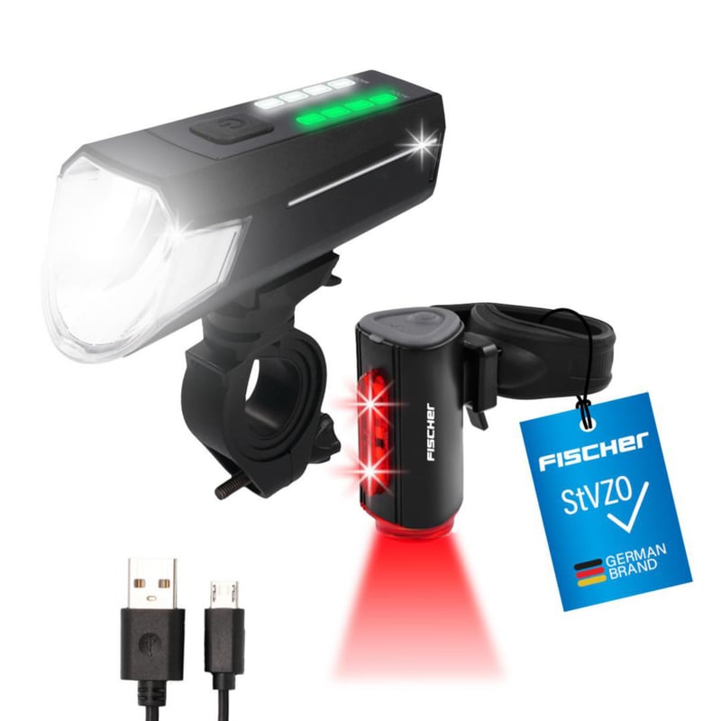 Sada LED svetiel na bicykel Fischer Twin – 80/40/20 luxov, 360° zadné svetlo, nabíjateľné, nabíjanie cez USB, IP44, StVZO, čierna, 2 ks