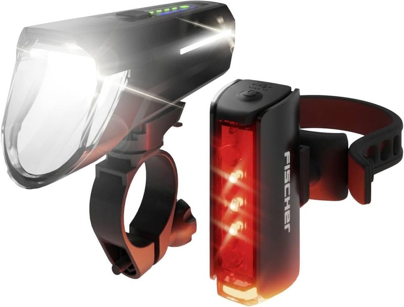 Sada LED svetiel na bicykel Fischer Twin Stop, 100 luxov, so senzorom, výdrž batérie 8 hodín, hliníkové telo, čierna, 1 ks
