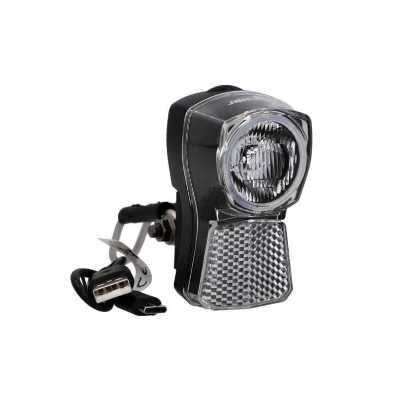 Predné LED svetlo na bicykel Fischer 45/20 Lux, nabíjateľné cez USB, dizajn dynama, s krytím IP44, schválené podľa StVZO