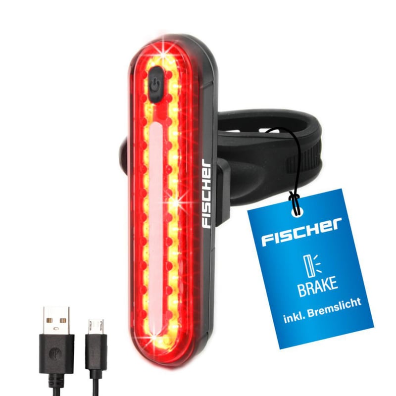 Nabíjateľné zadné cyklistické LED svetlo Fischer s funkciou brzdového svetla, dobíjateľné, vodotesné IPX4, čierne
