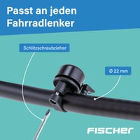 Mini sonerie de bicicletă Fischer – Neagră, cu bază rotativă, compatibilă cu ghidoane standard 7