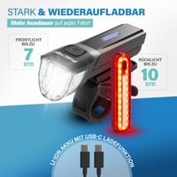 Sada cyklistických svetiel Fischer Stop 30/15 Lux s brzdovým svetlom, predné a zadné svetlo, nabíjanie cez USB, 2 svetelné funkcie, krytie IP44, schválené podľa StVZO 6