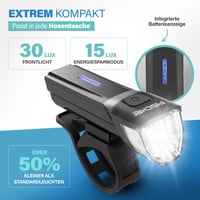 Sada cyklistických svetiel Fischer Stop 30/15 Lux s brzdovým svetlom, predné a zadné svetlo, nabíjanie cez USB, 2 svetelné funkcie, krytie IP44, schválené podľa StVZO 4