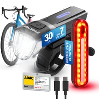 Sada cyklistických svetiel Fischer Stop 30/15 Lux s brzdovým svetlom, predné a zadné svetlo, nabíjanie cez USB, 2 svetelné funkcie, krytie IP44, schválené podľa StVZO 1