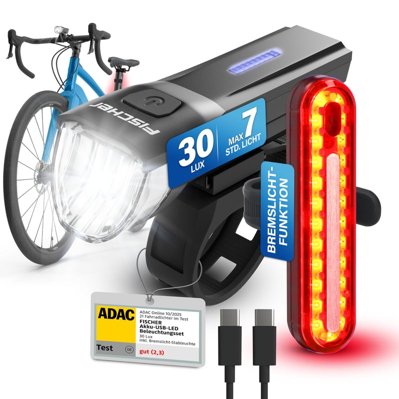 Sada cyklistických svetiel Fischer Stop 30/15 Lux s brzdovým svetlom, predné a zadné svetlo, nabíjanie cez USB, 2 svetelné funkcie, krytie IP44, schválené podľa StVZO