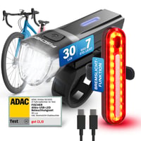 Sada cyklistických svetiel Fischer Stop 30/15 Lux s brzdovým svetlom, predné a zadné svetlo, nabíjanie cez USB, 2 svetelné funkcie, krytie IP44, schválené podľa StVZO 2