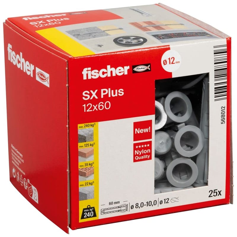 Diblu cu expansiune fischer SX Plus 12 x 60 mm – 25 bucăți, diblu din nailon pentru beton, cărămidă, beton celular și zidărie cu goluri